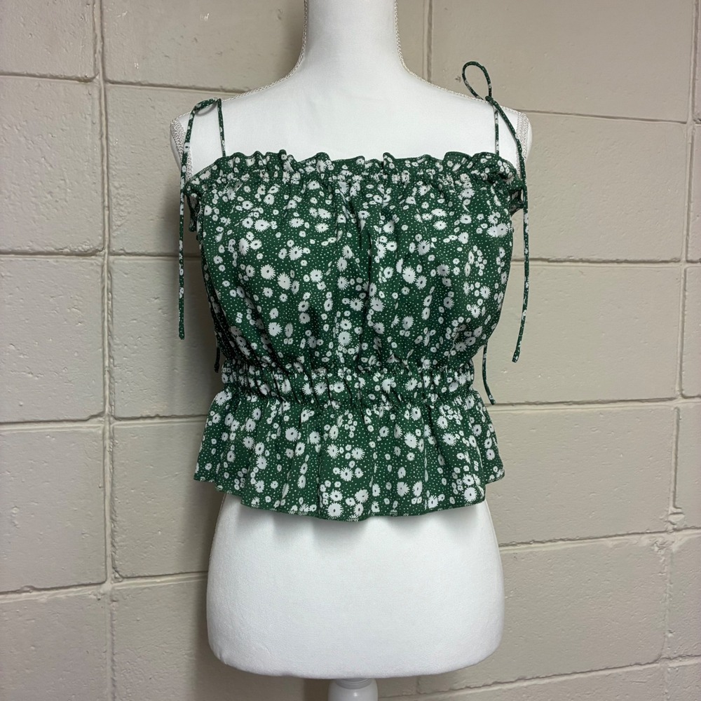 Boho Crop Top‎ Womens Large Green Floral Daisy Smocked Peplum Cottage Coquette